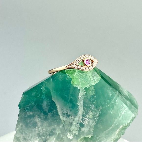 Incredible Ruby Diamond Evil Eye Ring 14 kt Gold Witchcraft Protection 7 - Picture 5 of 10